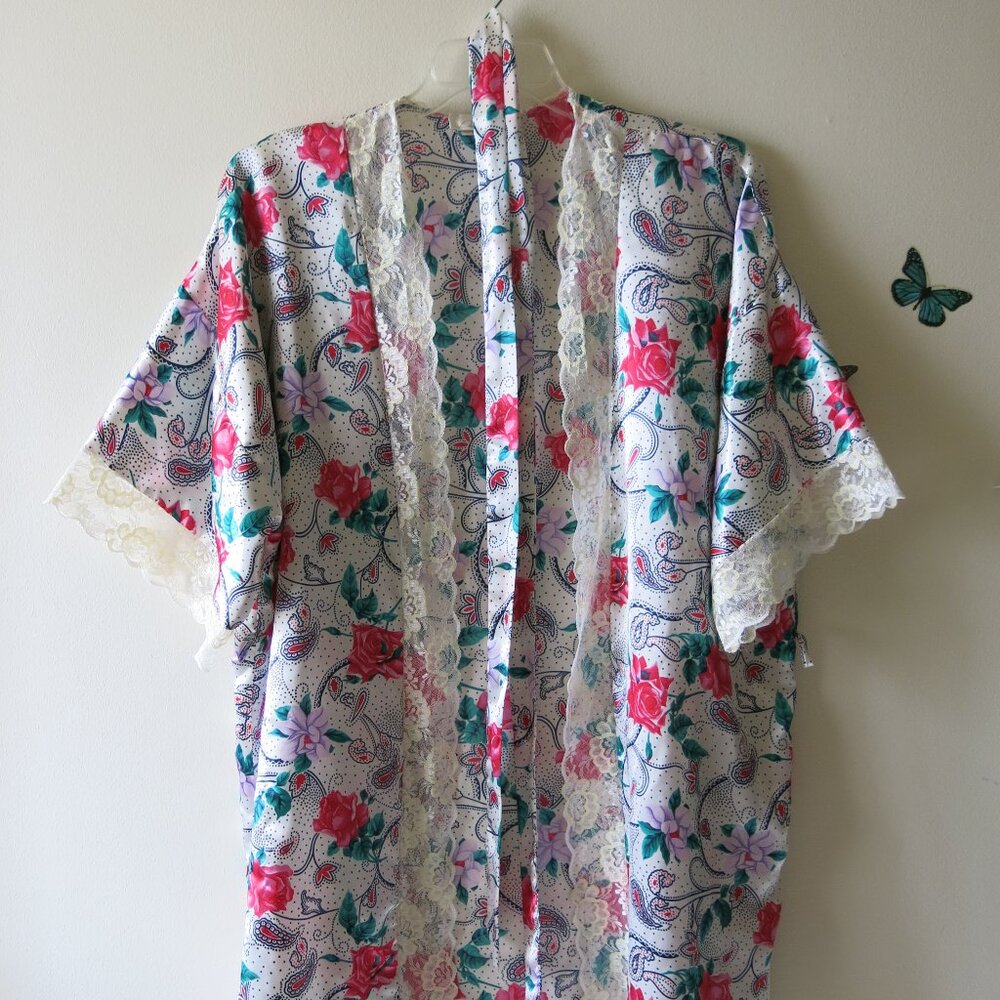 Vintage Delicates Women's Floral Lace Satin Robe With Belt One Size Fits All